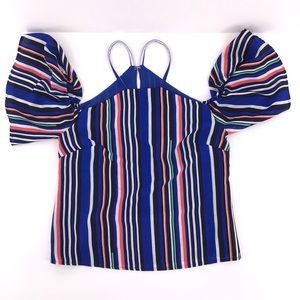 BEBE Multicolor Stripe Flutter Cold Shoulder Blouse Top Size Small